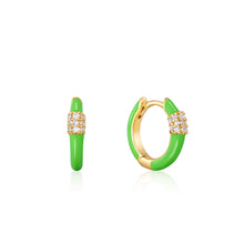 Load image into Gallery viewer, Neon Green Enamel Carabiner Gold Huggie Hoop Earrings