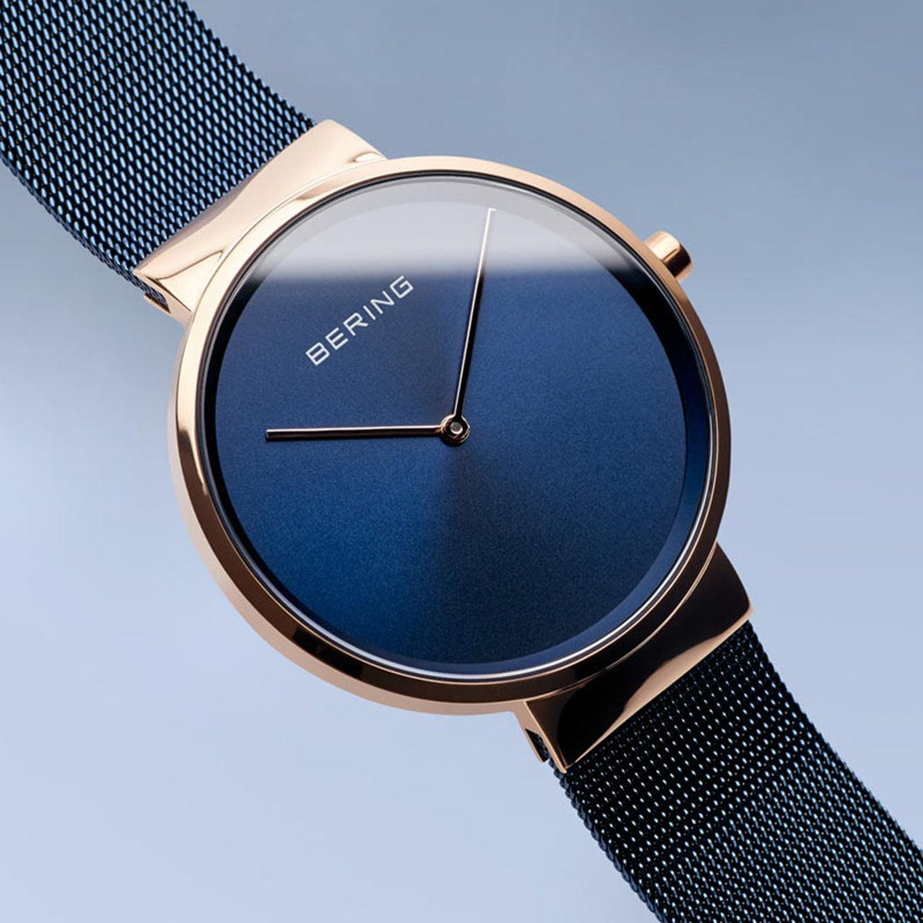 Bering Classic Polished Rose Gold 39mm Blue Mesh Watch