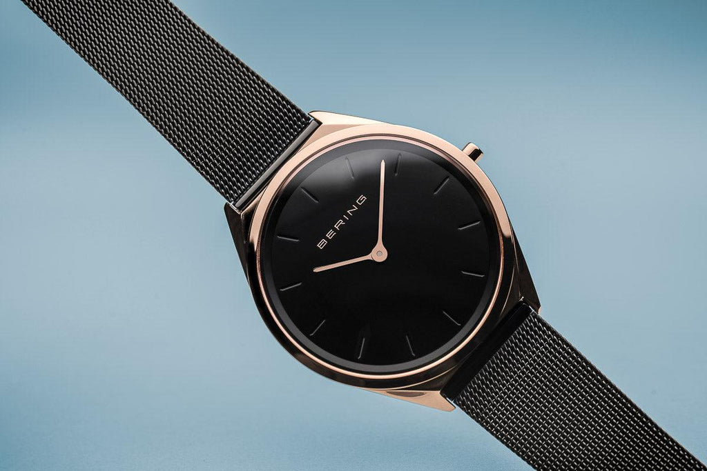 Bering Ultra Slim Polished Rose Gold Black Mesh Watch