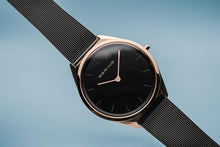 Load image into Gallery viewer, Bering Ultra Slim Polished Rose Gold Black Mesh Watch