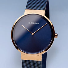 Load image into Gallery viewer, Bering Classic Polished Rose Gold 39mm Blue Mesh Watch