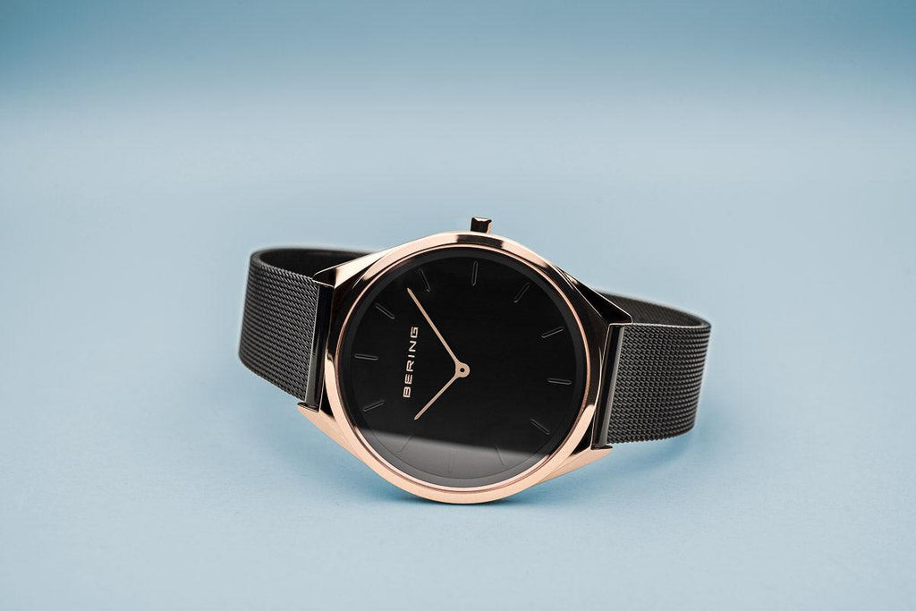 Bering Ultra Slim Polished Rose Gold Black Mesh Watch