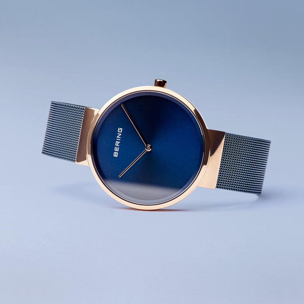 Bering Classic Polished Rose Gold 39mm Blue Mesh Watch