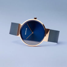 Load image into Gallery viewer, Bering Classic Polished Rose Gold 39mm Blue Mesh Watch