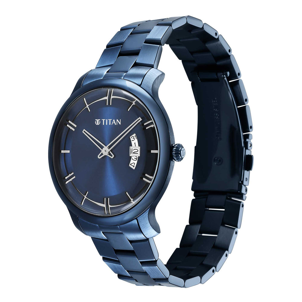 Titan Classic Distincta Blue Dial Analogue with Date Stainless Steel Strap watch for Men