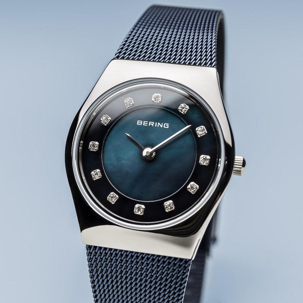 Bering Classic Polished Silver Navy Blue Mesh Watch