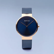 Load image into Gallery viewer, Bering Classic Polished Rose Gold 39mm Blue Mesh Watch