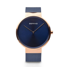 Load image into Gallery viewer, Bering Classic Polished Rose Gold 39mm Blue Mesh Watch