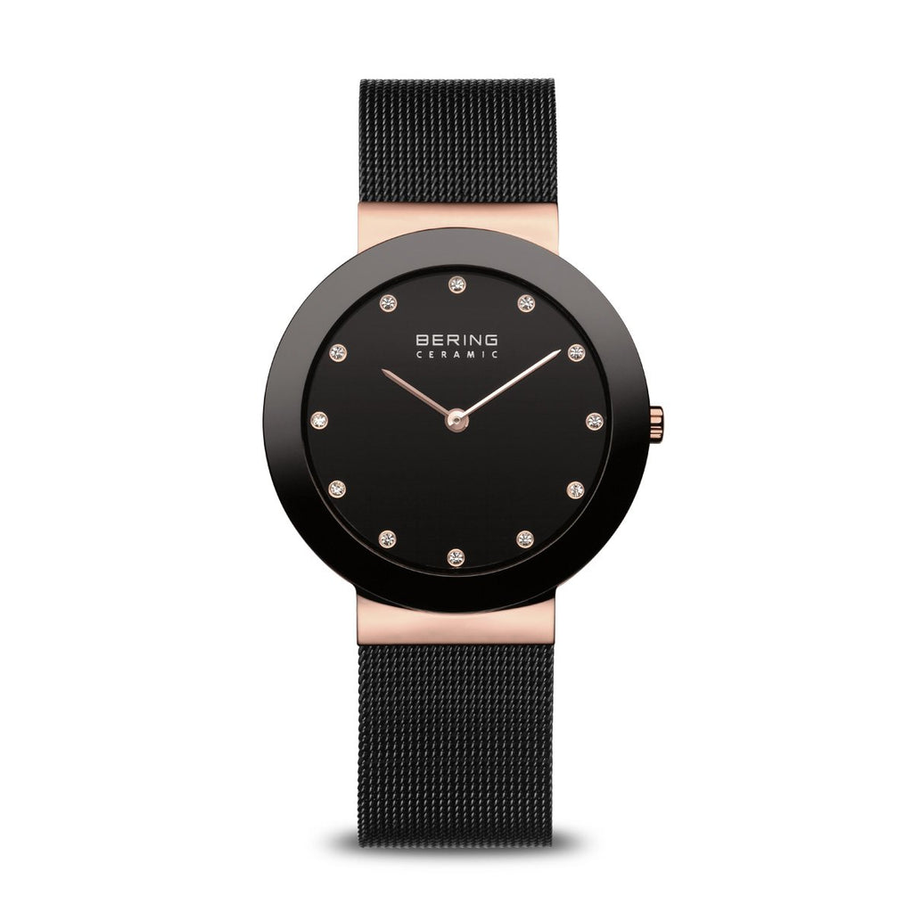 Bering Ceramic Polished Rose Gold Black Mesh Watch