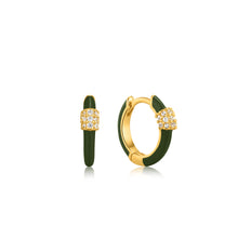 Load image into Gallery viewer, Ania Haie Forest Green Enamel Carabiner Gold Huggie Hoop Earrings