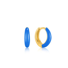 Load image into Gallery viewer, Neon Blue Enamel Gold Sleek Huggie Hoop Earrings