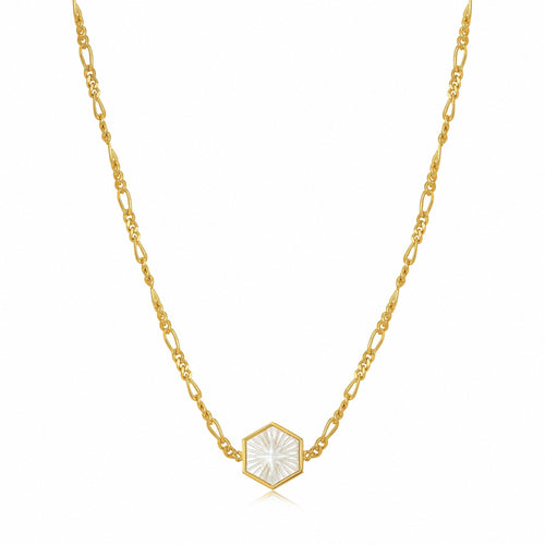 Compass Emblem Gold Figaro Chain Necklace