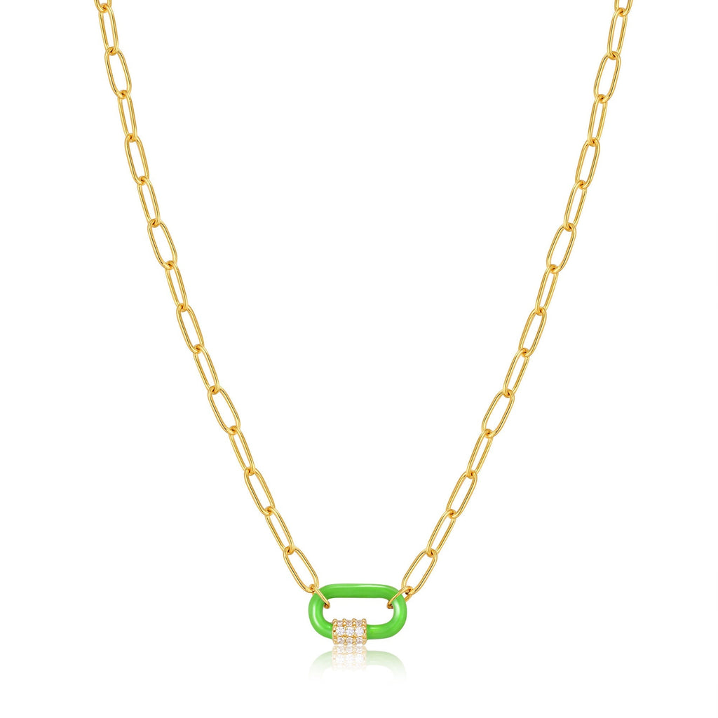 Neon Green Enamel Carabiner Gold Necklace