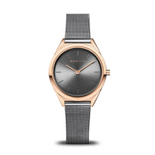 Load image into Gallery viewer, Bering Ultra Slim Polished Rose Gold Grey Mesh Watch