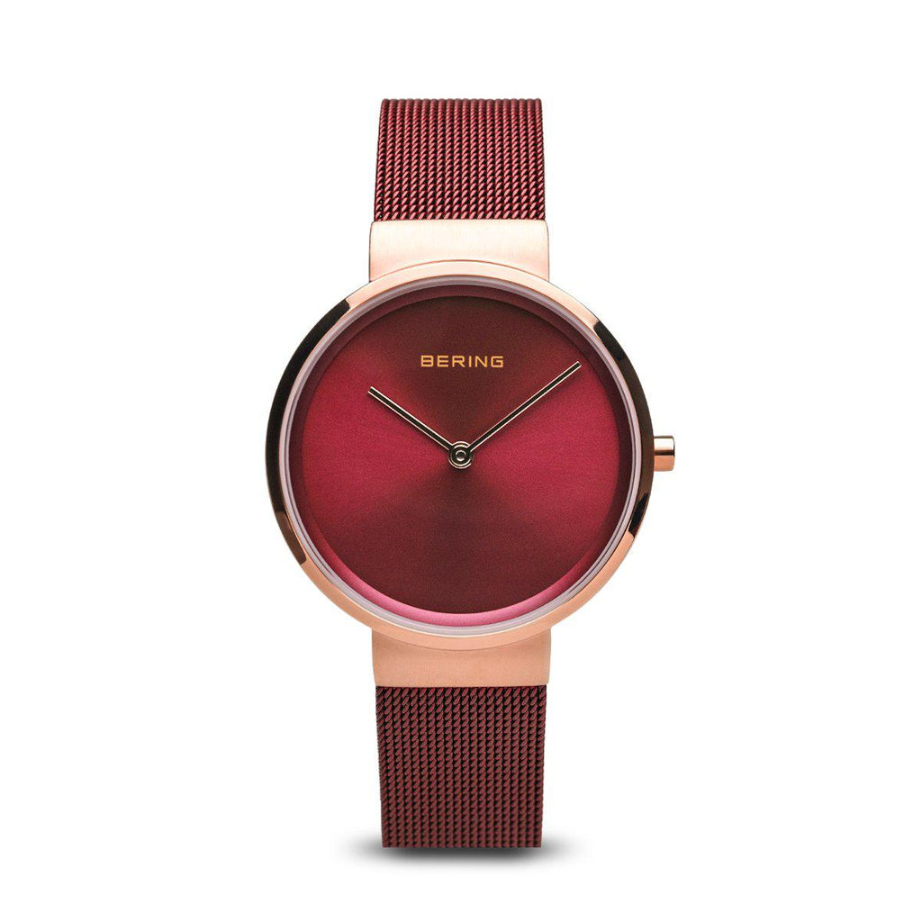 Bering Classic Brushed Rose Gold Red Mesh Watch