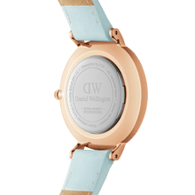 Load image into Gallery viewer, Daniel Wellington Petite 28 Blue Leather &amp; Rose Gold Mother of Pearl Watch