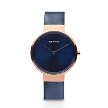 Load image into Gallery viewer, Bering Classic Polished Rose Gold Blue Mesh Watch