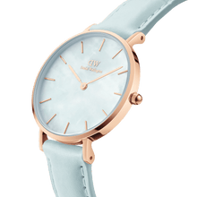 Load image into Gallery viewer, Daniel Wellington Petite 28 Blue Leather &amp; Rose Gold Mother of Pearl Watch