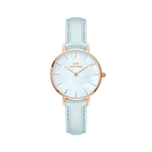 Load image into Gallery viewer, Daniel Wellington Petite 28 Blue Leather &amp; Rose Gold Mother of Pearl Watch